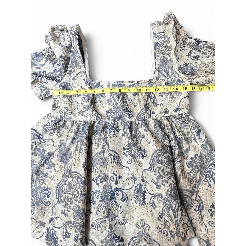 Free People Top Womens S Blue Eloise‎ Jacquard Peplum Blouse Square Neck Brocade